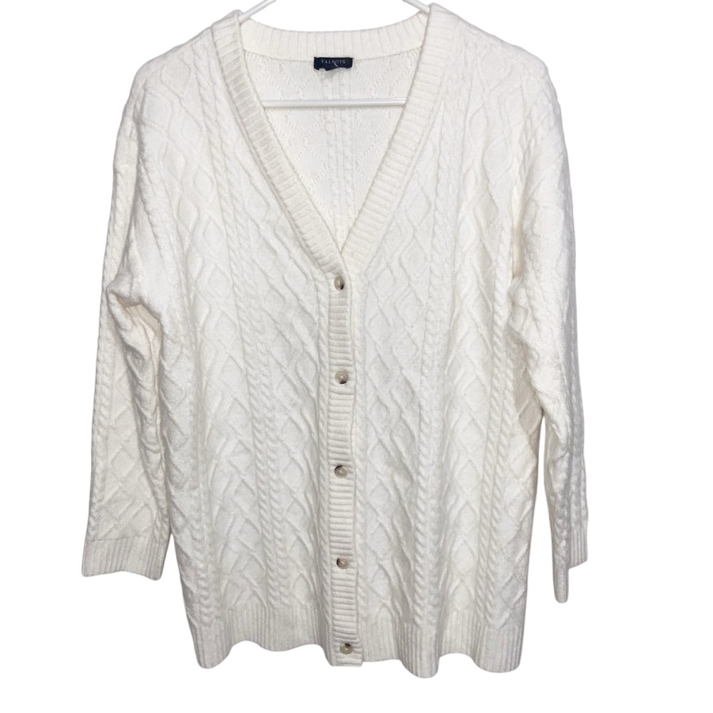 Talbots Sweater Womens Large Petite Alpaca Wool Button Cardigan Cableknit Cream